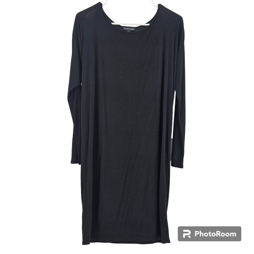 Eileen Fisher Dress Black Silk Long Sleeve Semi-Sheer Stretch Lagenlook Size S